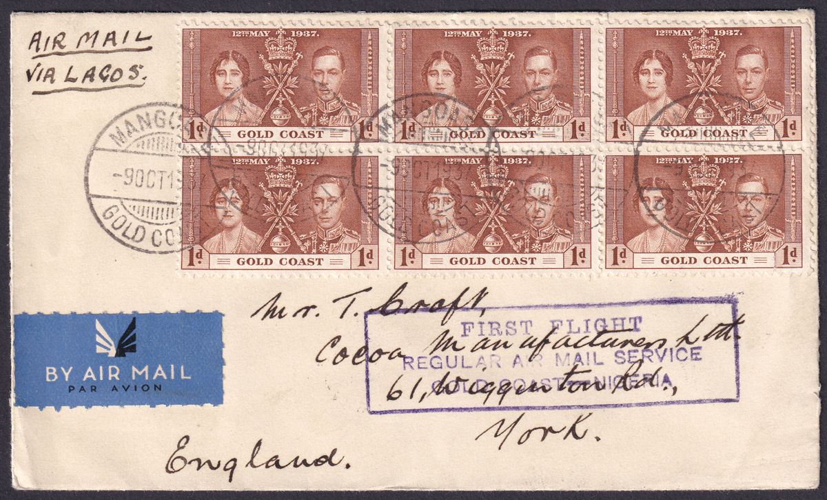 Gold Coast 1937 KGVI 1d x6 Used Accra-Nigeria First Flight Cover MANGOASE to UK