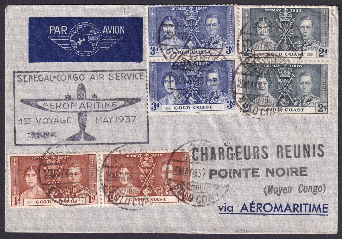 Gold Coast 1937 KGVI Coronation Set Used on Senegal-Congo First Flight Cover