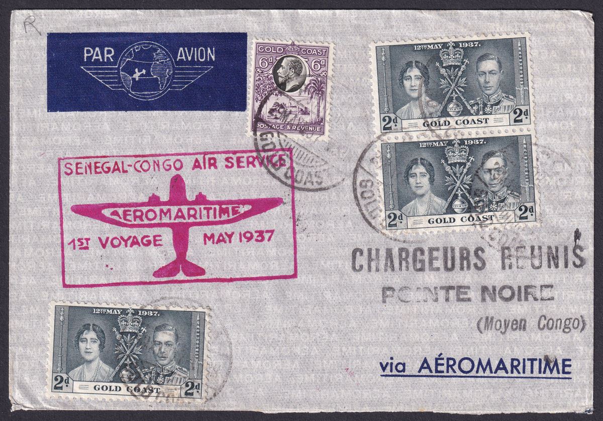 Gold Coast 1937 KGV 6d, KGVI Coronation 2dx3 on Senegal-Congo First Flight Cover