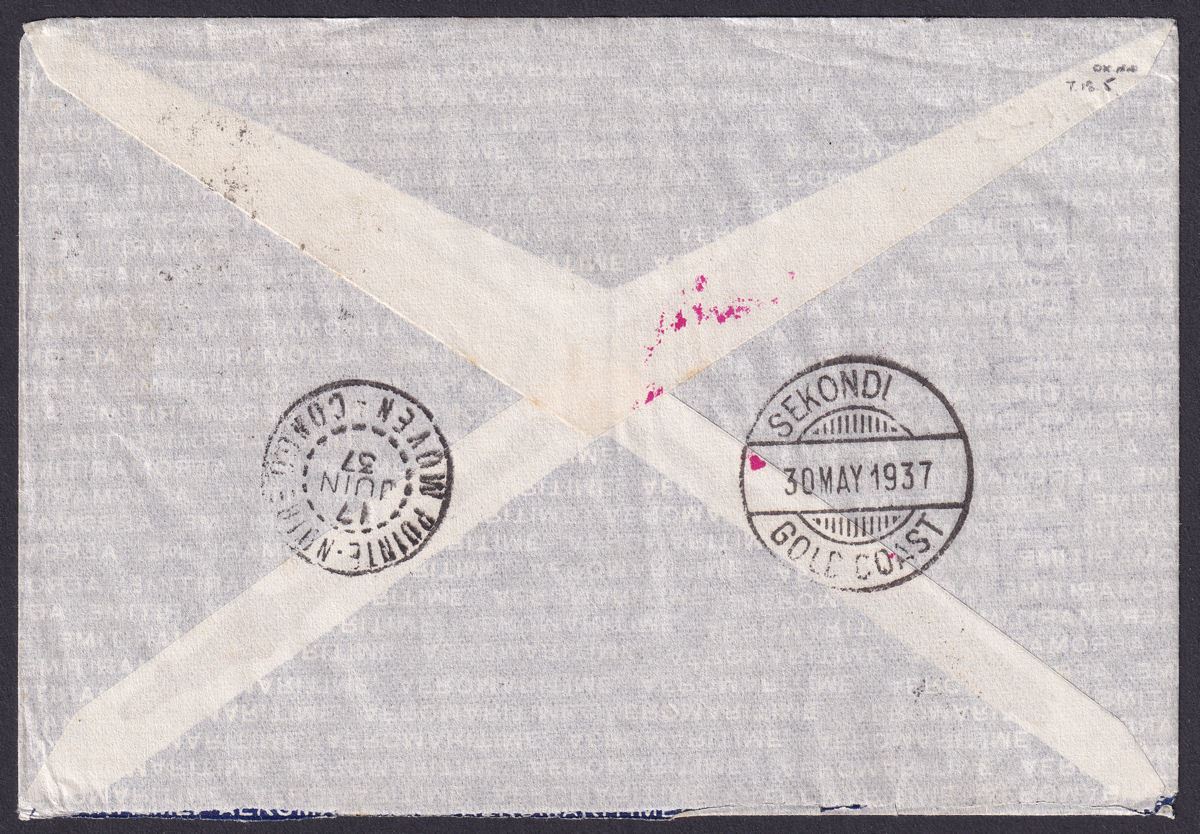 Gold Coast 1937 KGV 6d, KGVI Coronation 2dx3 on Senegal-Congo First Flight Cover