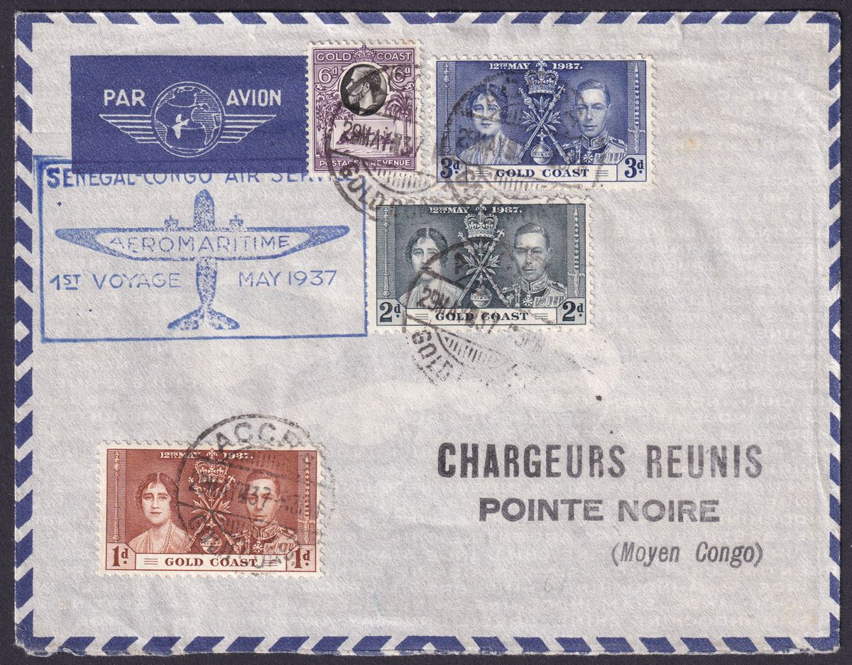 Gold Coast 1937 KGV 6d, KGVI Coronation Set on Senegal-Congo First Flight Cover