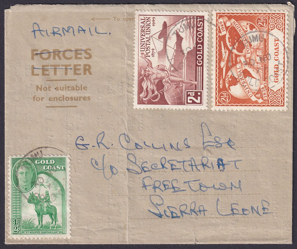 Gold Coast 1949 KGVI 2½d, 2d, ½d x 3 Used on Air Letter TUMU to Sierra Leone