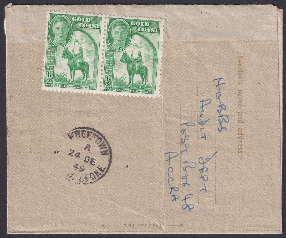 Gold Coast 1949 KGVI 2½d, 2d, ½d x 3 Used on Air Letter TUMU to Sierra Leone