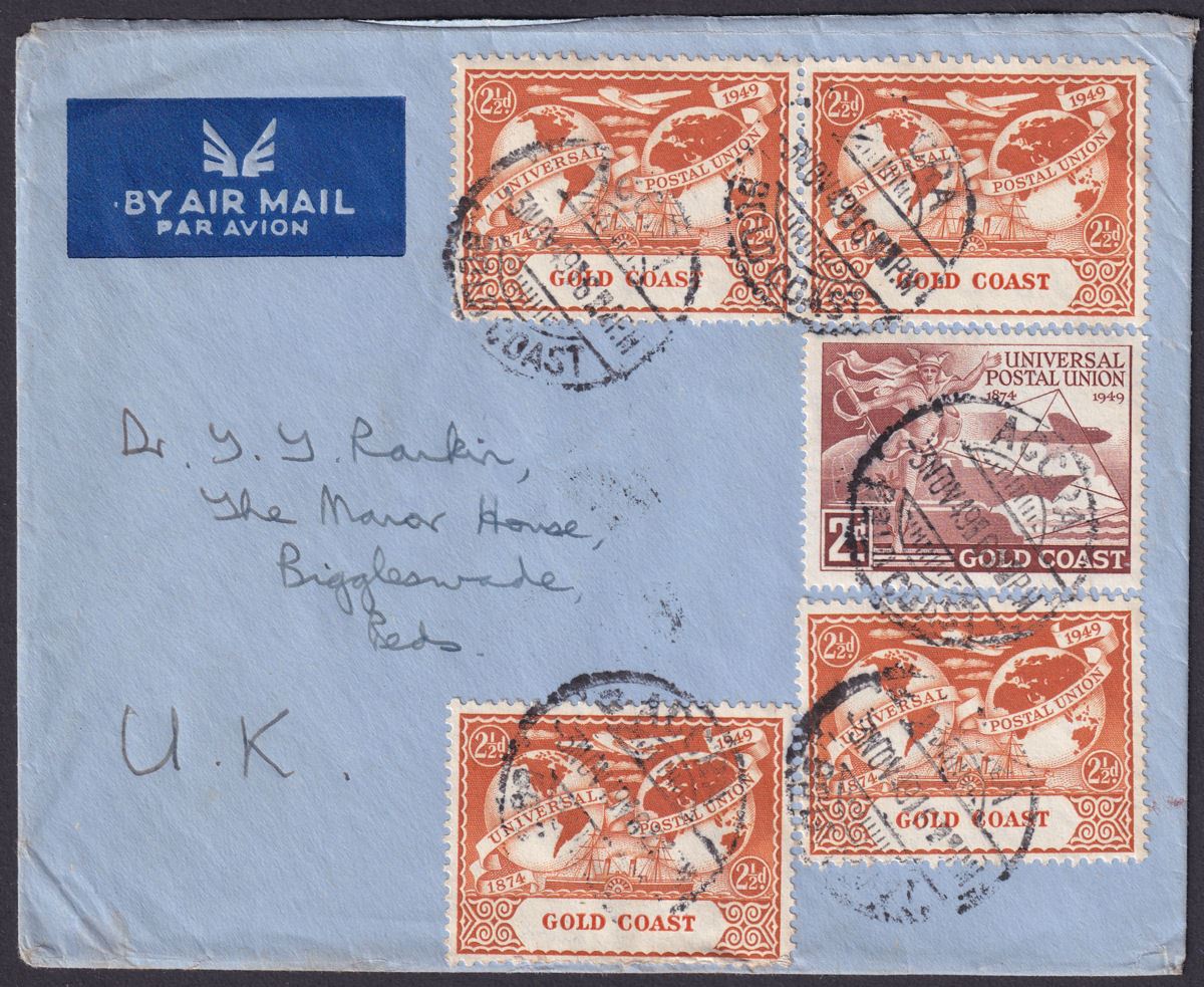 Gold Coast 1949 KGVI UPU 2½d x 4, 2d Used on Airmail Cover ACCRA to UK