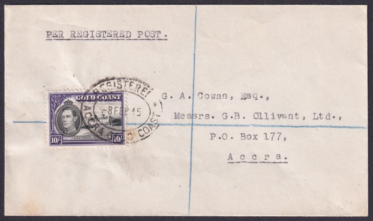 Gold Coast 1945 KGVI Christiansborg 10sh Used on Registered Local Cover to Accra