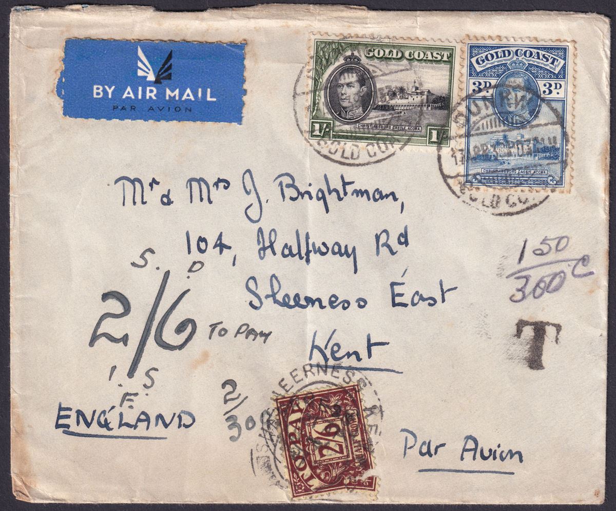 Gold Coast 1938 KGVI 1sh, 3d Airmail Cover DUNKWA to UK w GB Postage Due 2sh6d