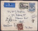 Click for more photos and details Gold Coast 1938 KGVI 1sh, 3d Airmail Cover DUNKWA to UK w GB Postage Due 2sh6d