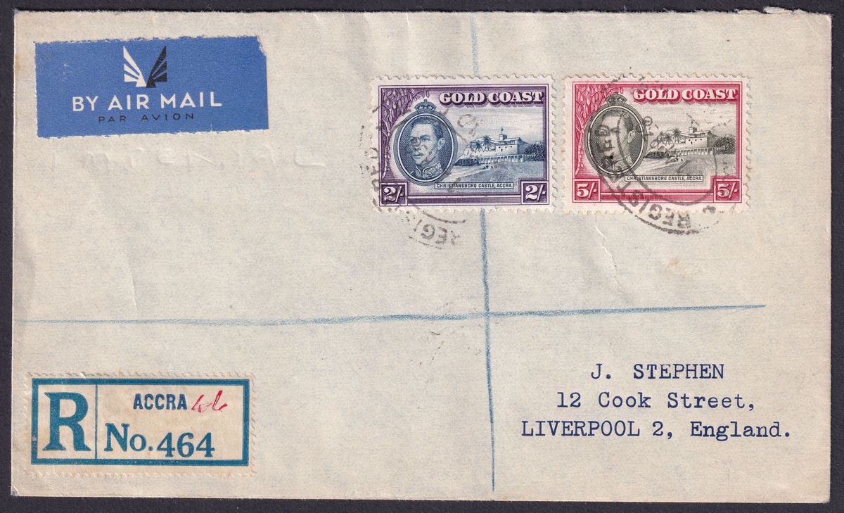 Gold Coast 1938 KGVI Christiansborg 5sh, 2sh Registered First Day Cover to UK