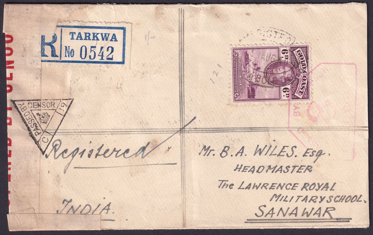 Gold Coast 1940 KGVI 6d Used on Registered Cover TARKWA to India with Censor
