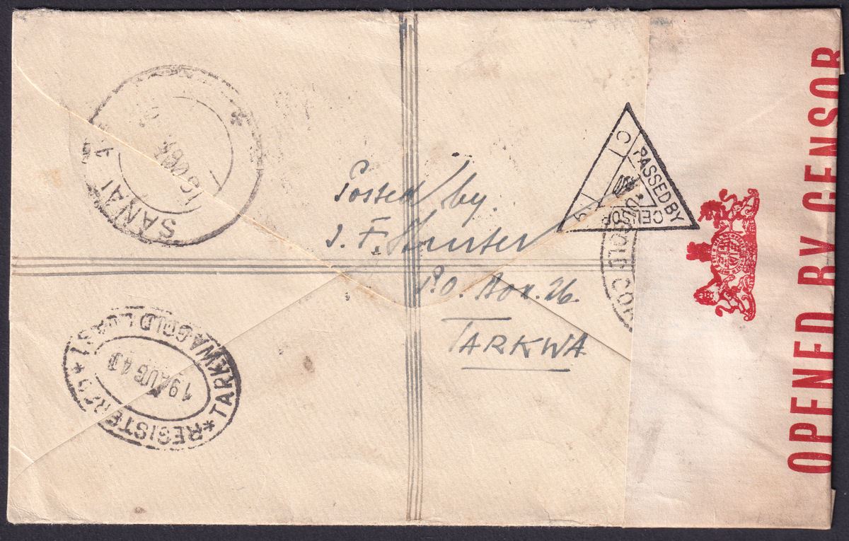 Gold Coast 1940 KGVI 6d Used on Registered Cover TARKWA to India with Censor
