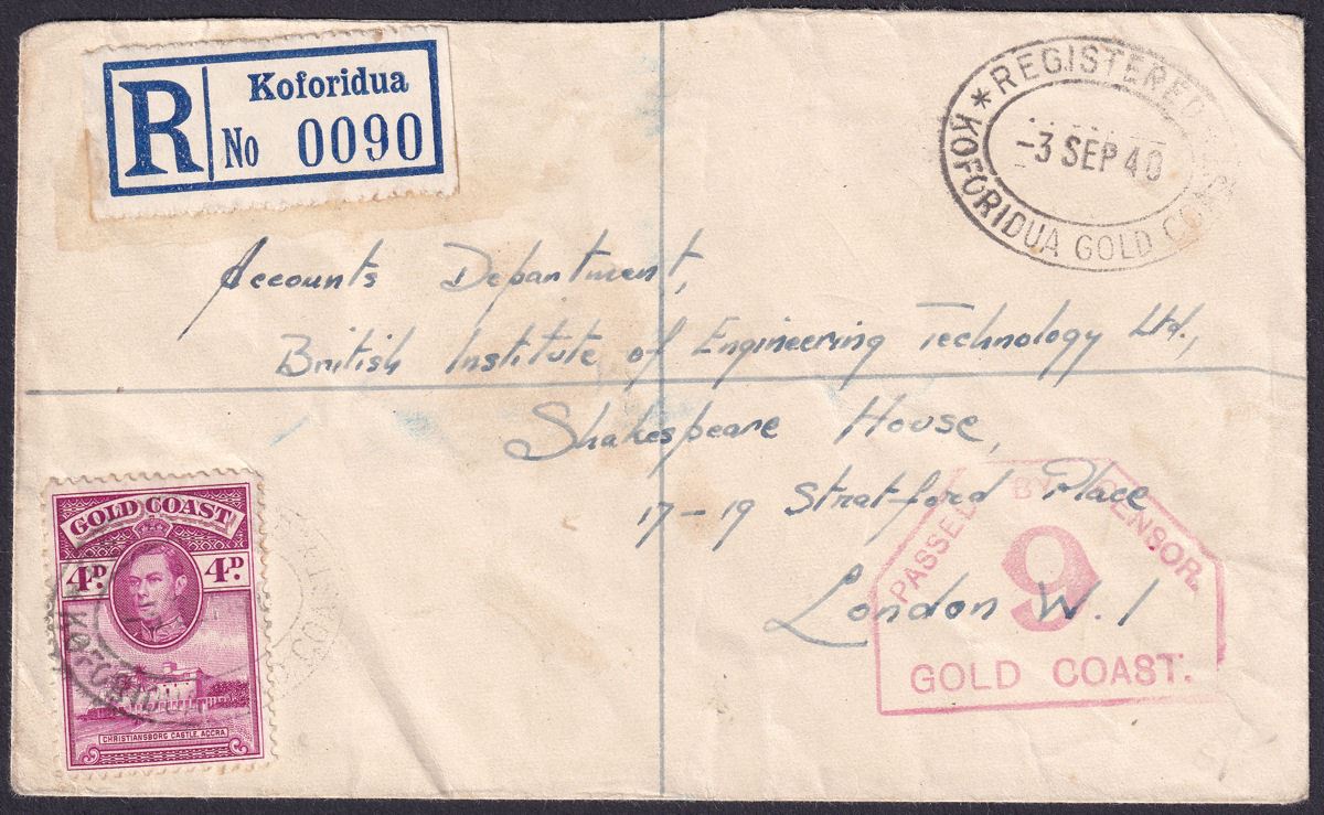 Gold Coast 1940 KGVI 4d, 1d Used on Registered Cover KOFORIDUA to UK with Censor
