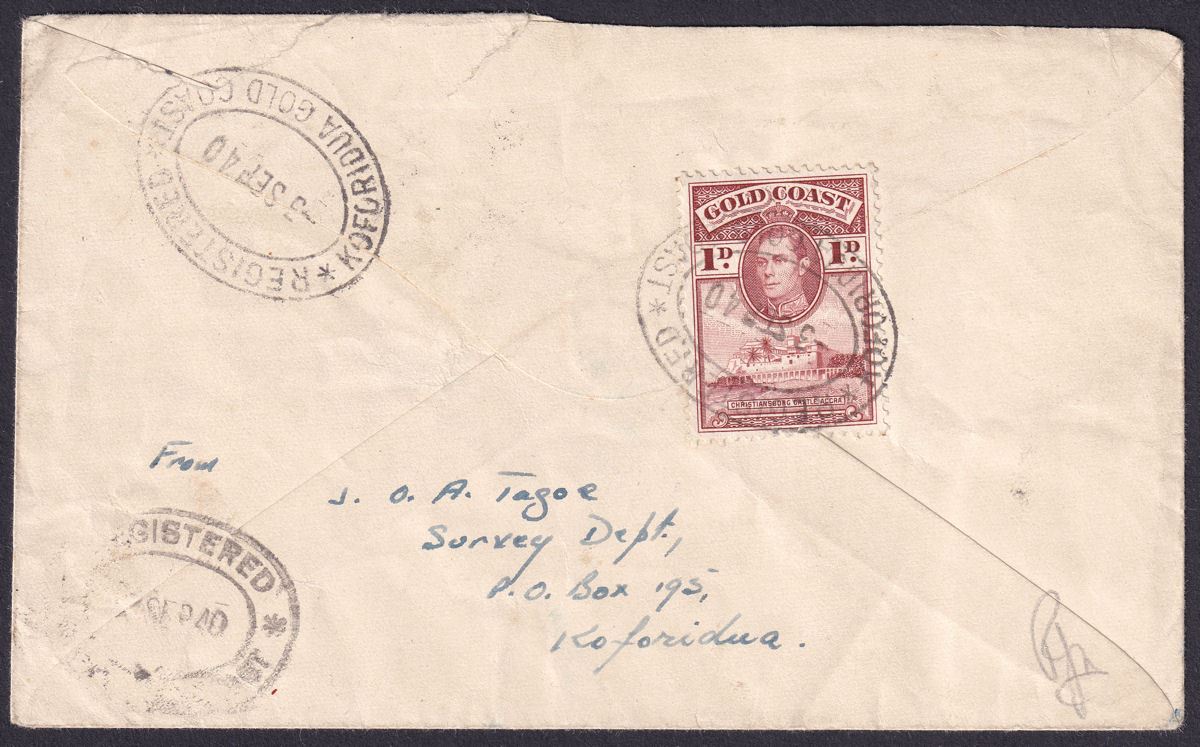 Gold Coast 1940 KGVI 4d, 1d Used on Registered Cover KOFORIDUA to UK with Censor