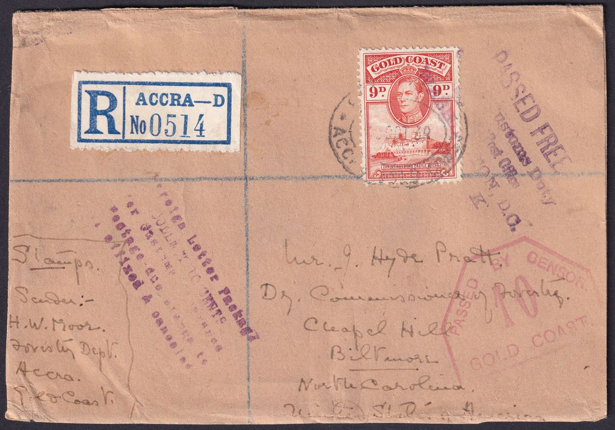 Gold Coast 1939 KGVI 9d Used on Registered Cover to USA w Censor & Customs Duty