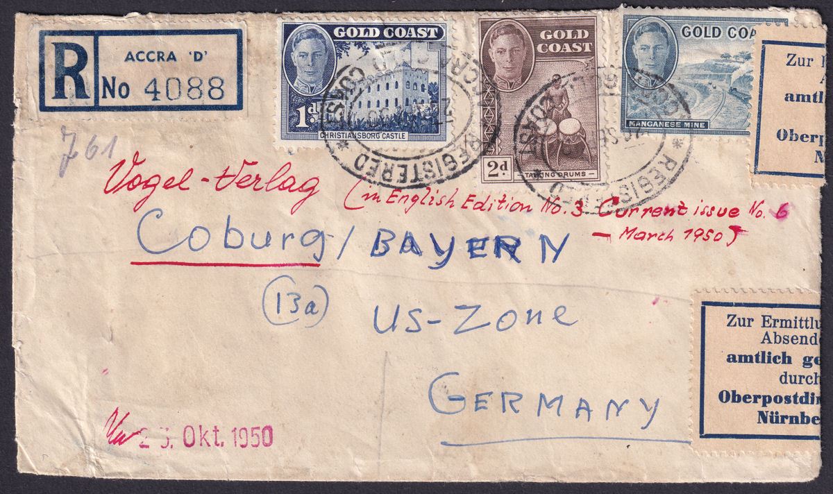 Gold Coast 1950 KGVI 3d, 2d, 1d on Regd Cover to Germany sealed by Nuremberg PO