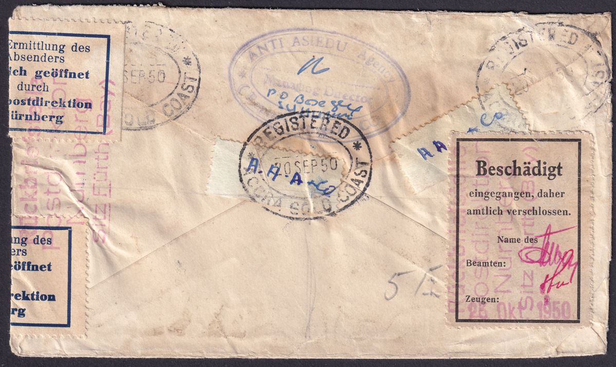 Gold Coast 1950 KGVI 3d, 2d, 1d on Regd Cover to Germany sealed by Nuremberg PO