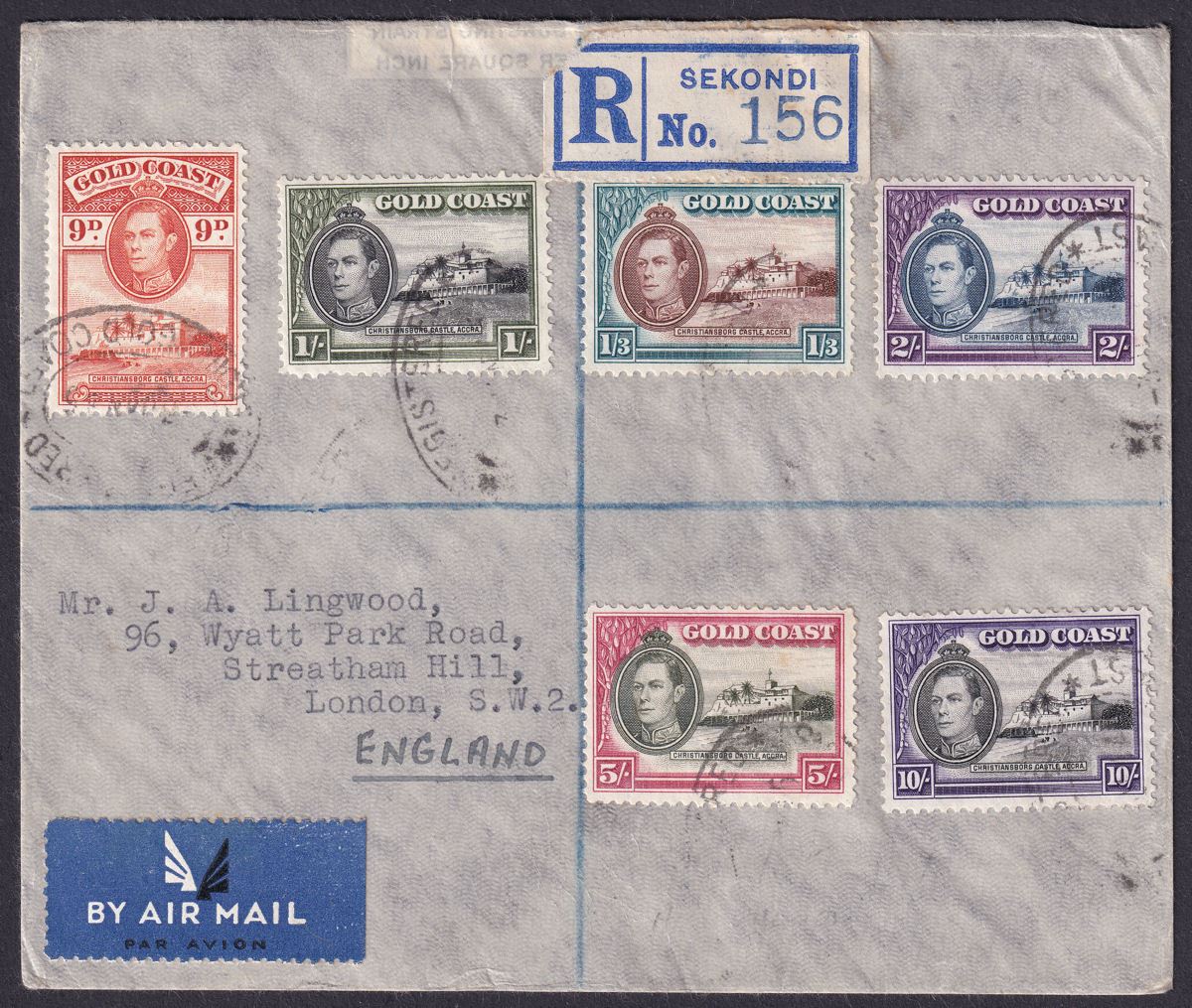 Gold Coast 1945 KGVI Christiansborg Pt Set to 10sh on Regd Cover SEKONDI to UK