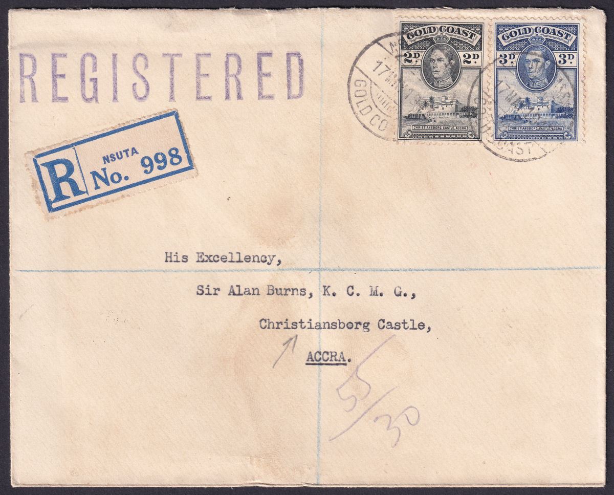 Gold Coast 1943 KGVI 3d, 2d Reg Cover NSUTA WASSAW to Christiansborg Castle TPO