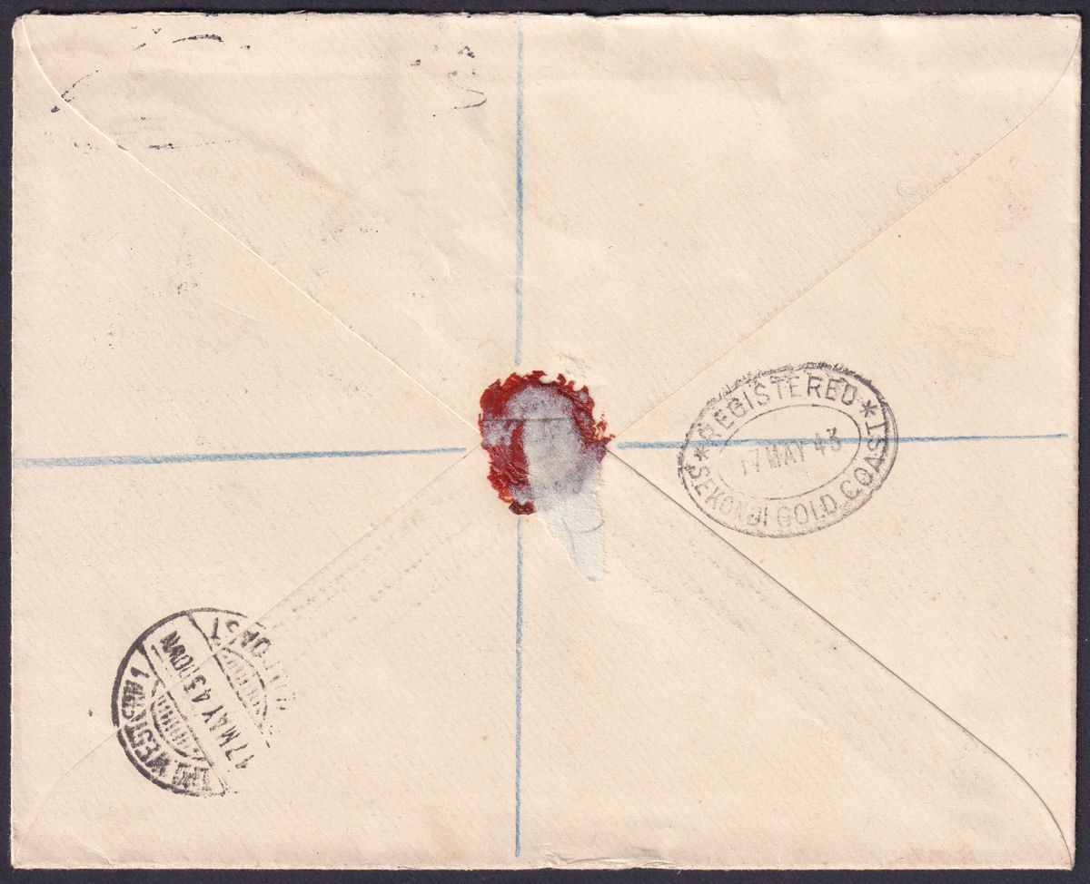 Gold Coast 1943 KGVI 3d, 2d Reg Cover NSUTA WASSAW to Christiansborg Castle TPO