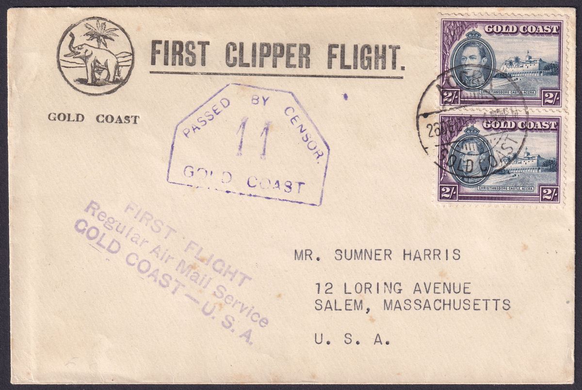 Gold Coast 1941 KGVI 2sh x2 Used on First Clipper Flight Cover to USA w Censor