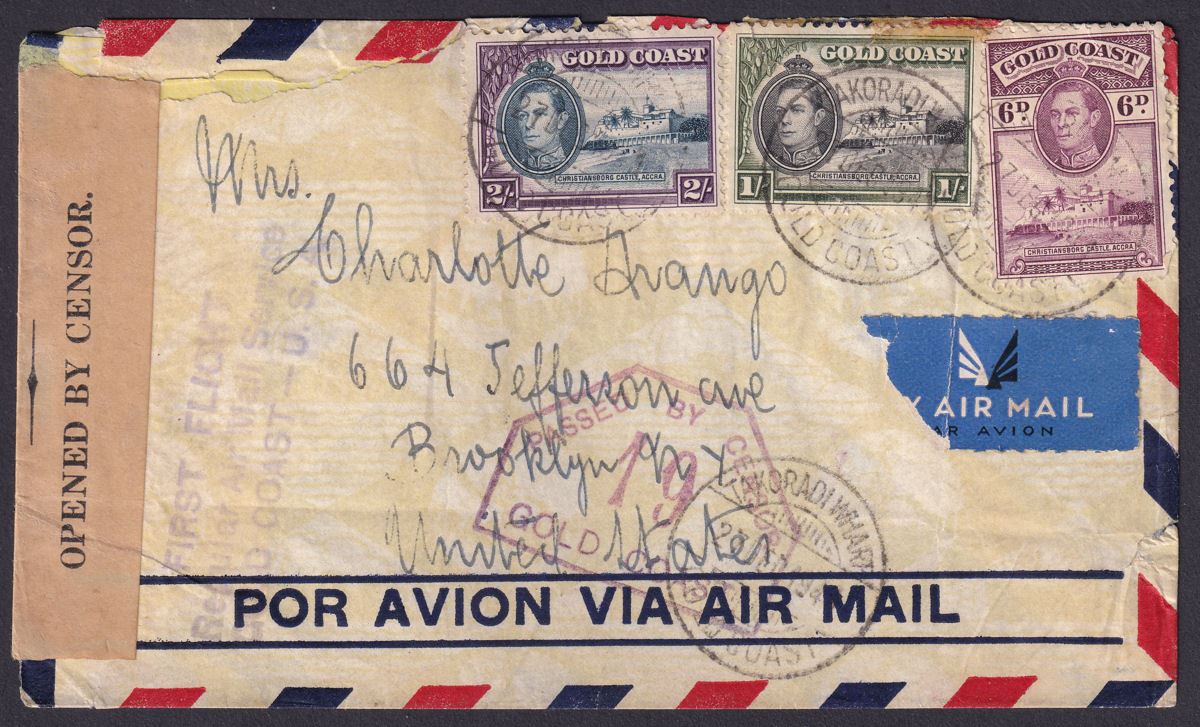 Gold Coast 1941 KGVI 2sh, 1sh, 6d Used on First Flight Cover to USA with Censor