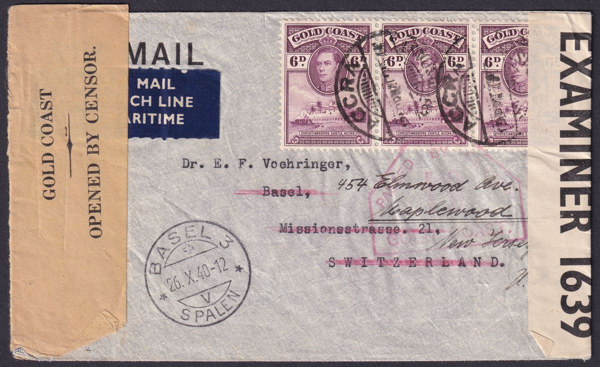 Gold Coast 1940 KGVI 6d x 3 Used on Airmail Cover Accra to Switzerland w Censors