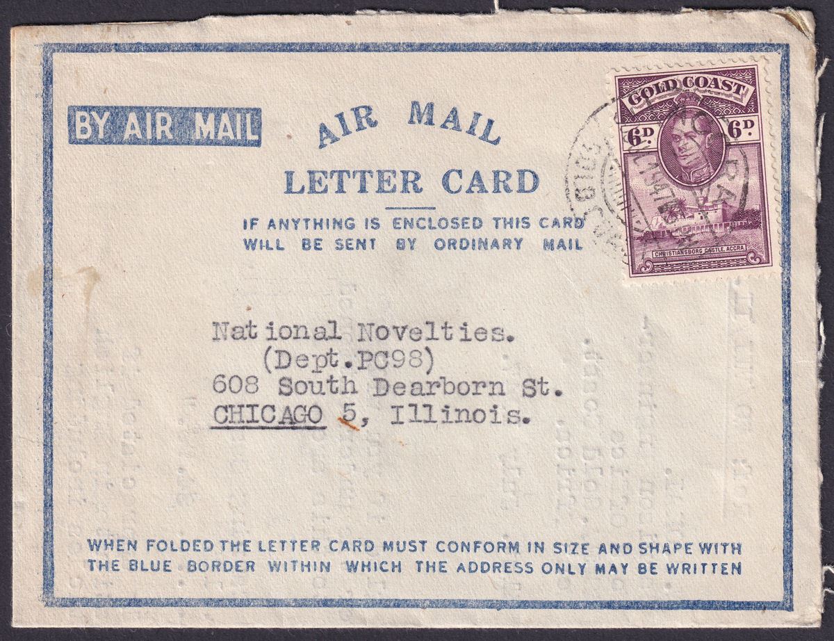 Gold Coast 1947 KGVI 6d Used on Air Letter Accra to Chicago, USA