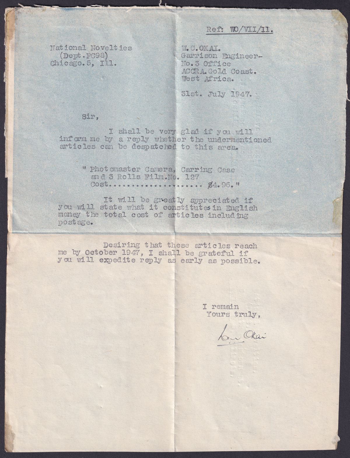 Gold Coast 1947 KGVI 6d Used on Air Letter Accra to Chicago, USA
