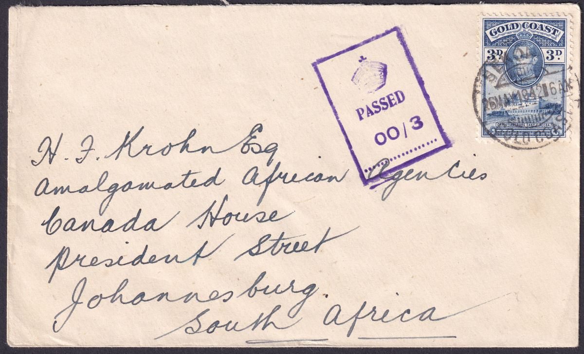 Gold Coast 1942 KGVI 3d Used on Cover Sekondi to Johannesburg, S Africa w Censor