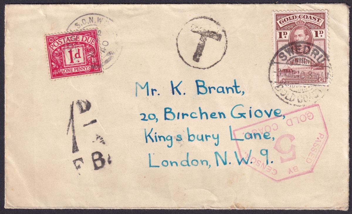 Gold Coast 1940 KGVI 1d Used on Cover SWEDRU to UK w Postage Due 1d and Censor 5