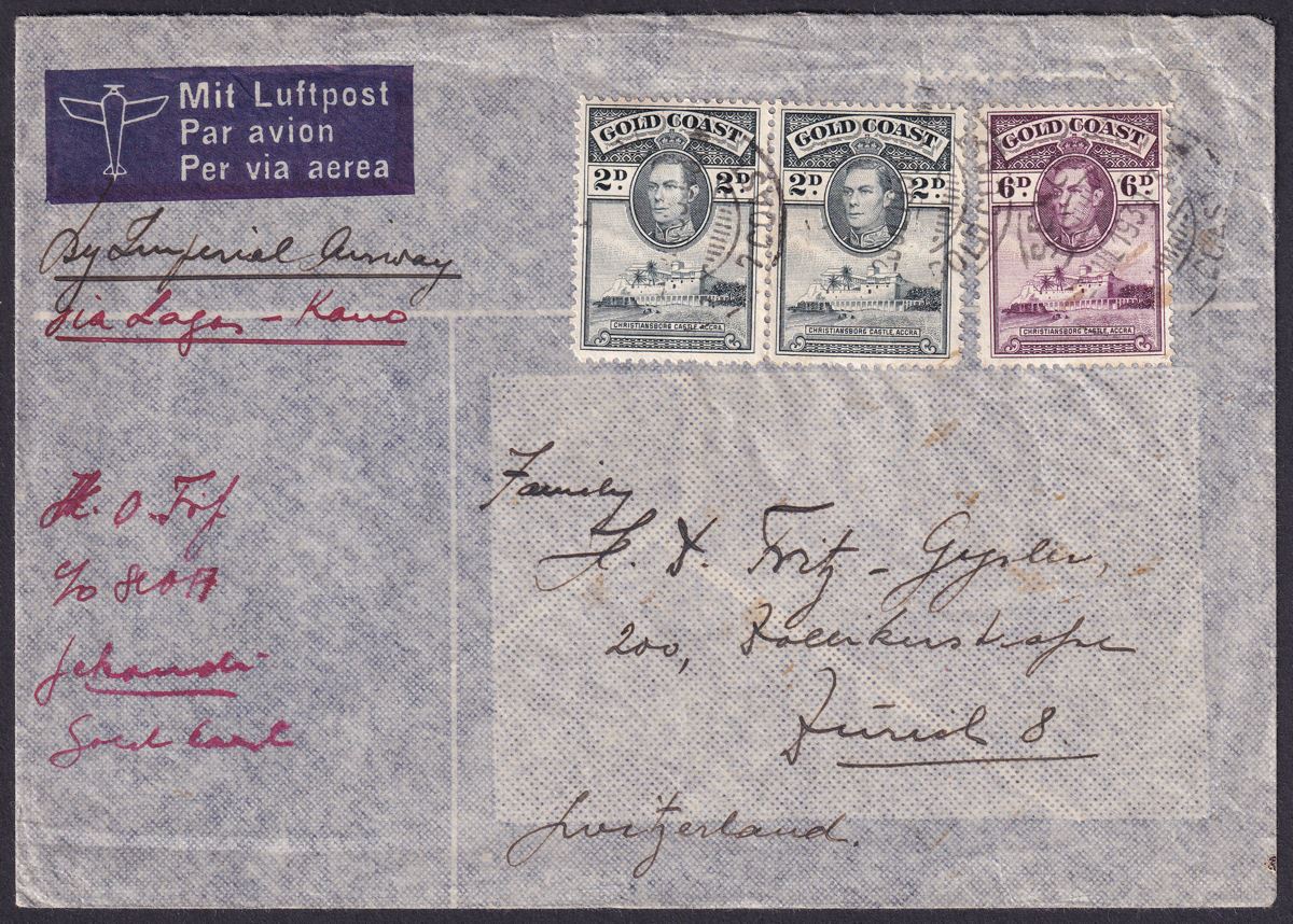 Gold Coast 1939 KGVI 6d, 2d x2 Used Airmail Cover SEKONDI to Zurich, Switzerland