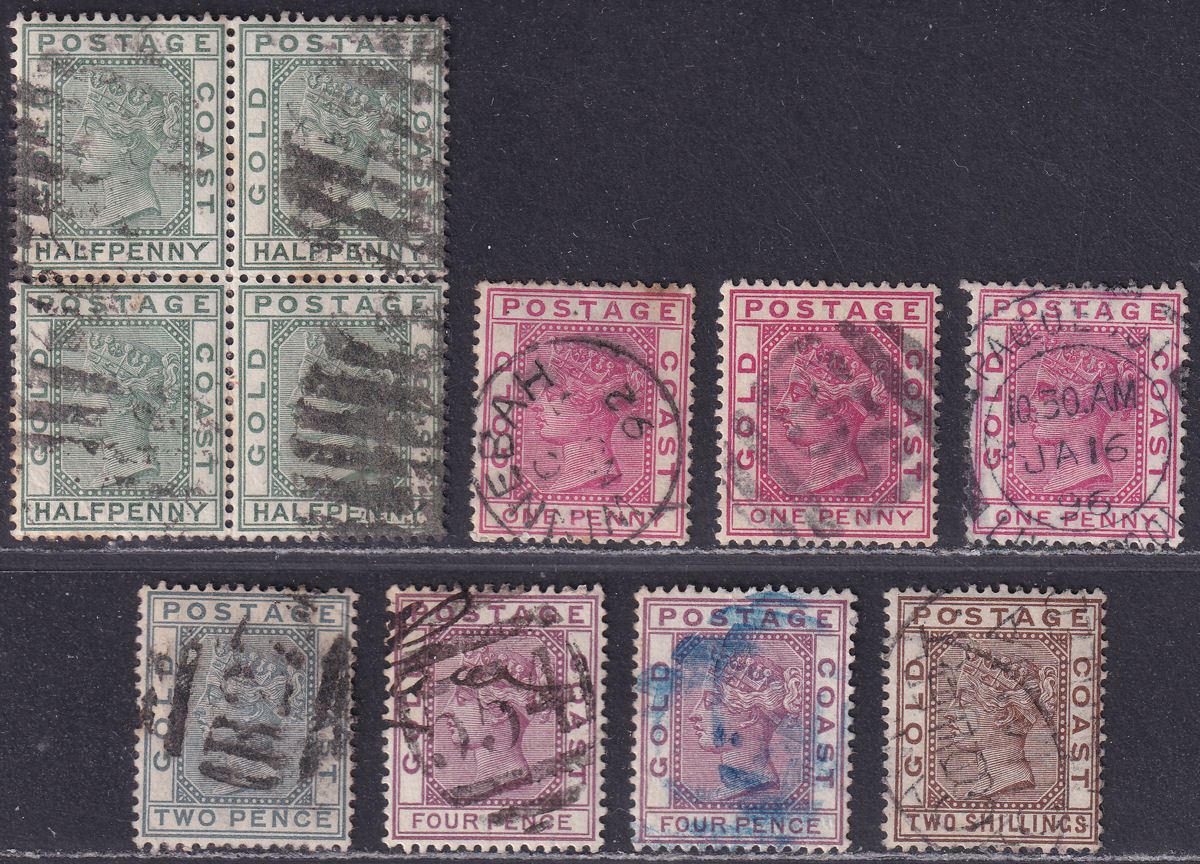 Gold Coast 1884 Queen Victoria Part Set to 2sh Used w Paquebot pmk 2sh fiscal