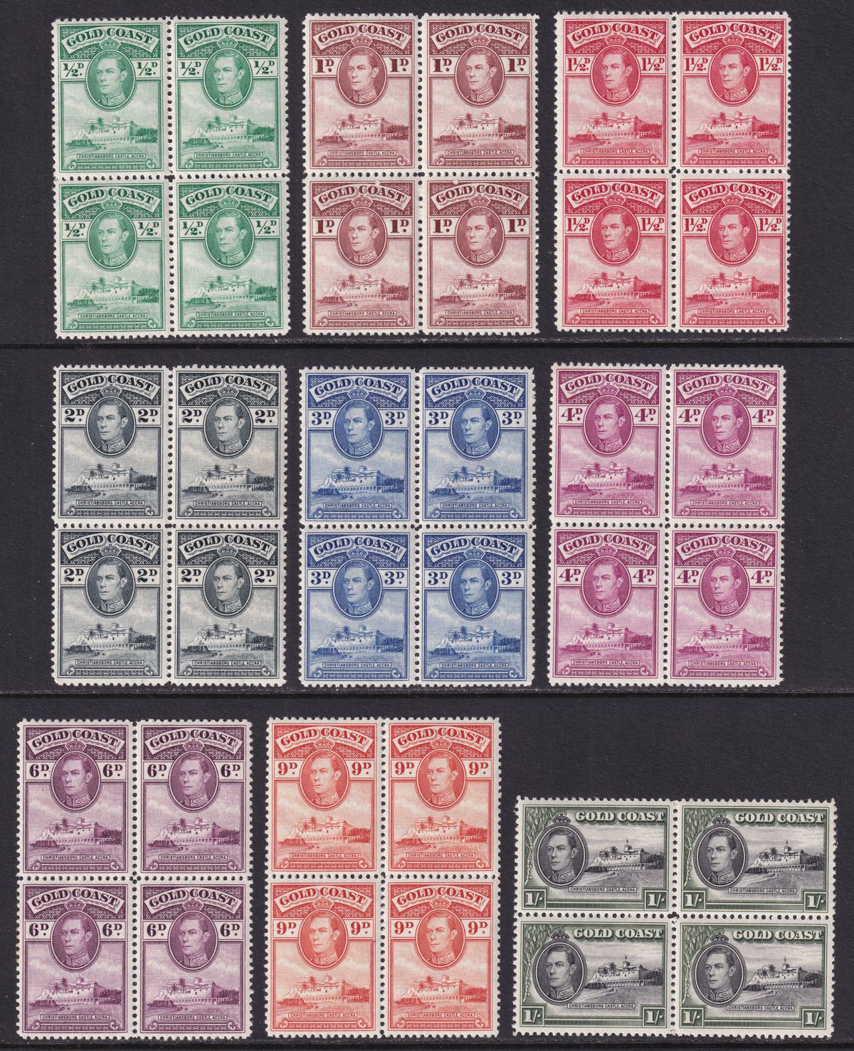 Gold Coast 1938 KGVI Christiansborg Block Set to 1sh Mint SG120-128 cat £760