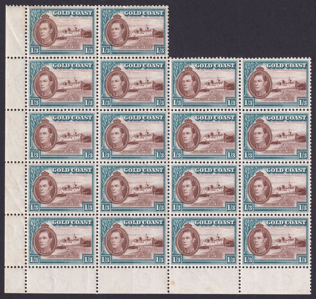 Gold Coast 1941 KGVI Christiansborg 1sh3d Block of 18 Mint SG129 cat £40