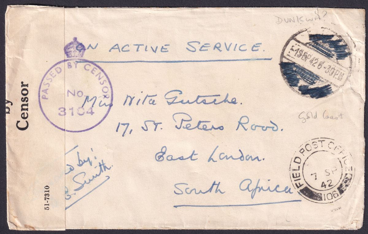 Gold Coast 1942 Unstamped Active Service Cover to Sth Africa w FPO 106 + Censor