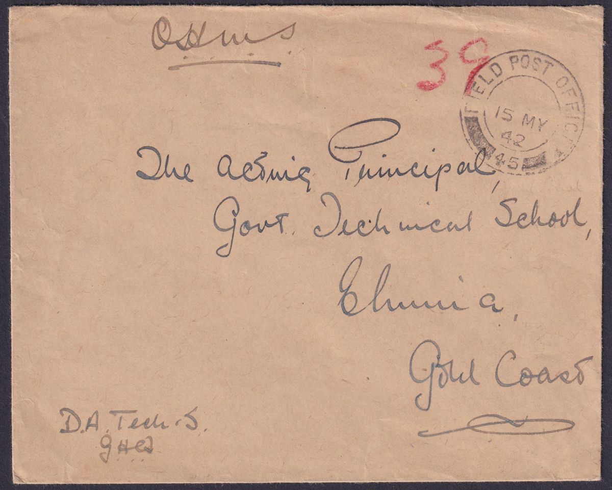 Gold Coast 1942 Unstamped Official Cover Used with FIELD POST OFFICE 45 Postmark