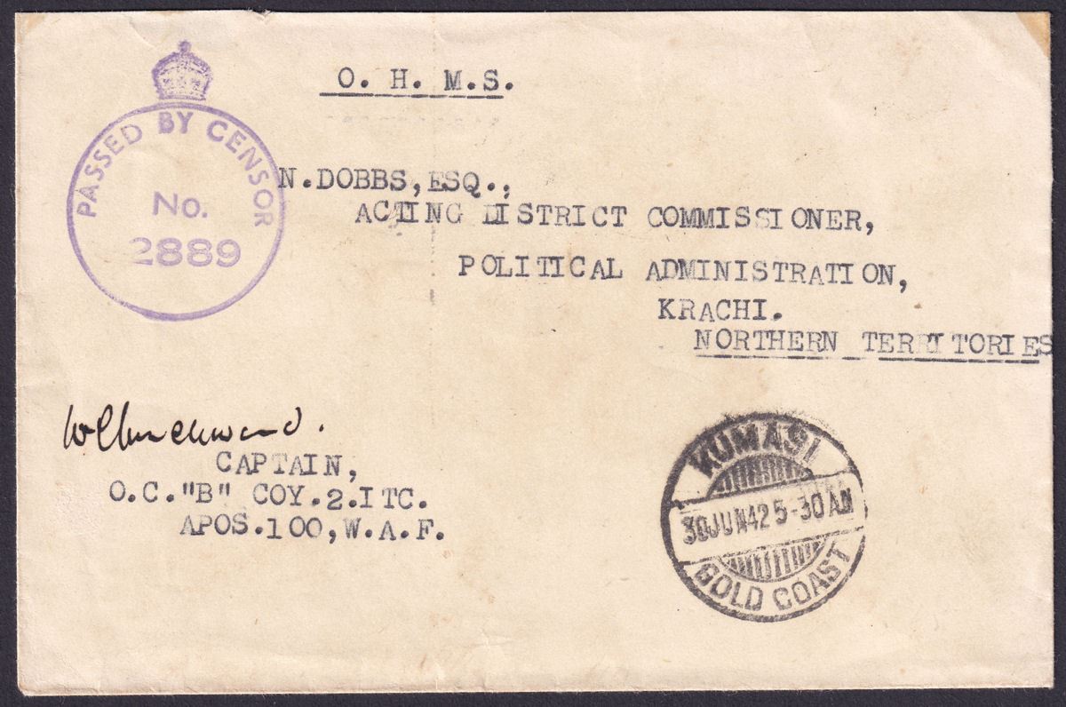 Gold Coast 1942 Unstamped Official Cover Used Kumasi to Krachi with Censor
