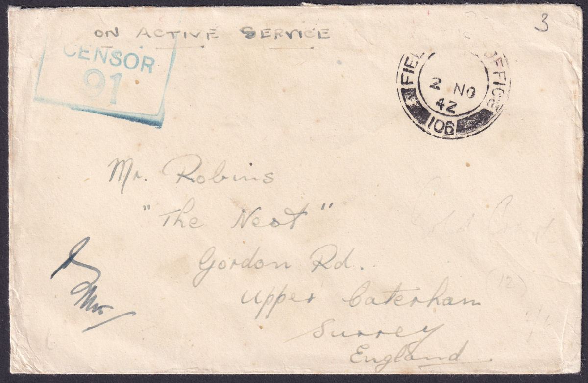 Gold Coast 1942 Unstamped Active Service Cover to UK w FPO 106 Postmark + Censor