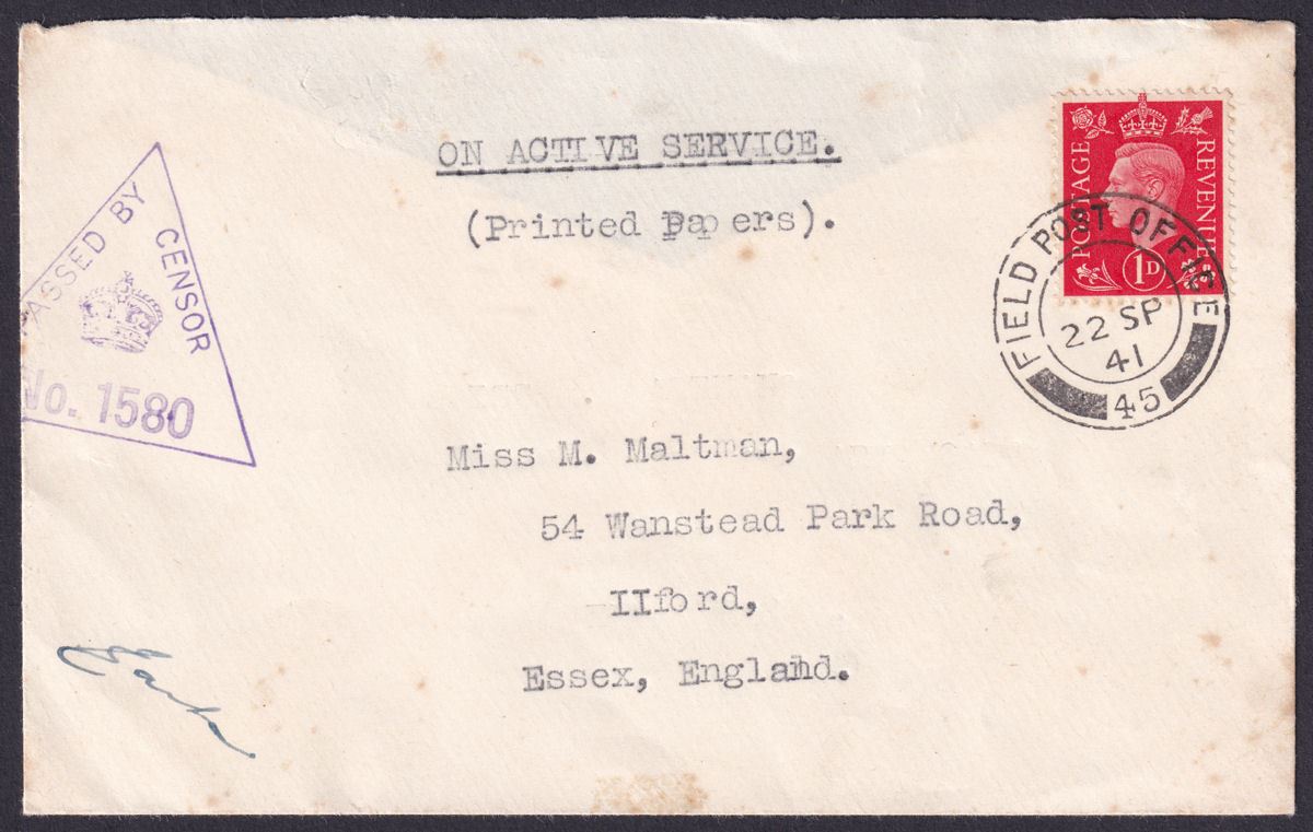 Gold Coast 1941 KGVI 1d Active Service Cover to UK w FPO 45 Postmark + Censor