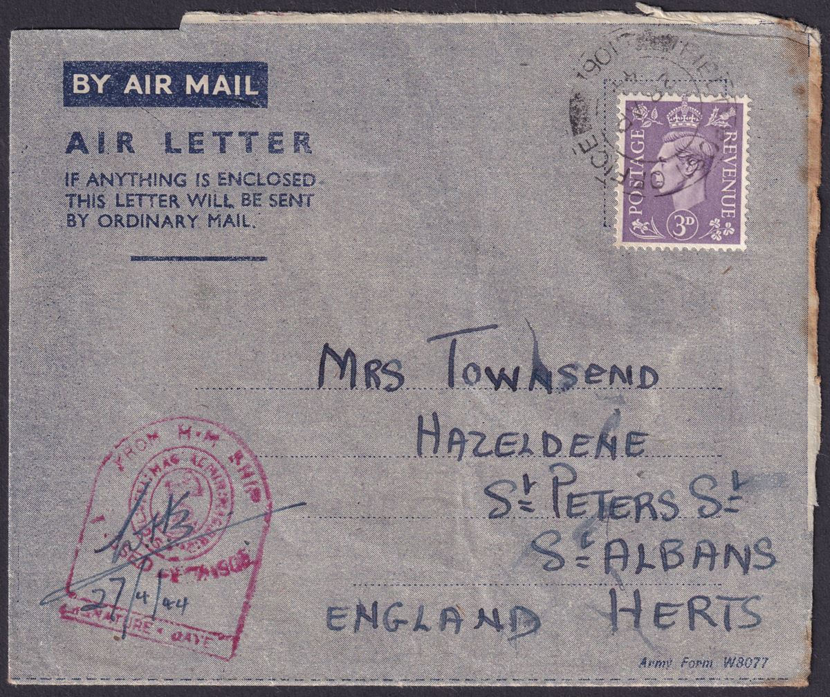 Gold Coast 1944 KGVI 3d Air Letter w FPO 106 Postmark Takoradi + HM Ship Censor