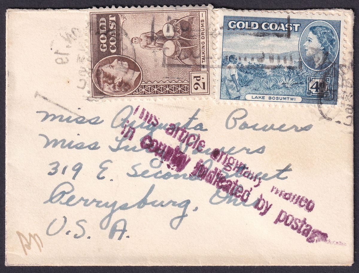 Gold Coast 1956 QEII 4d, 2d Used on Cover to USA w ARTICLE ORGINALLY MAILED Mark