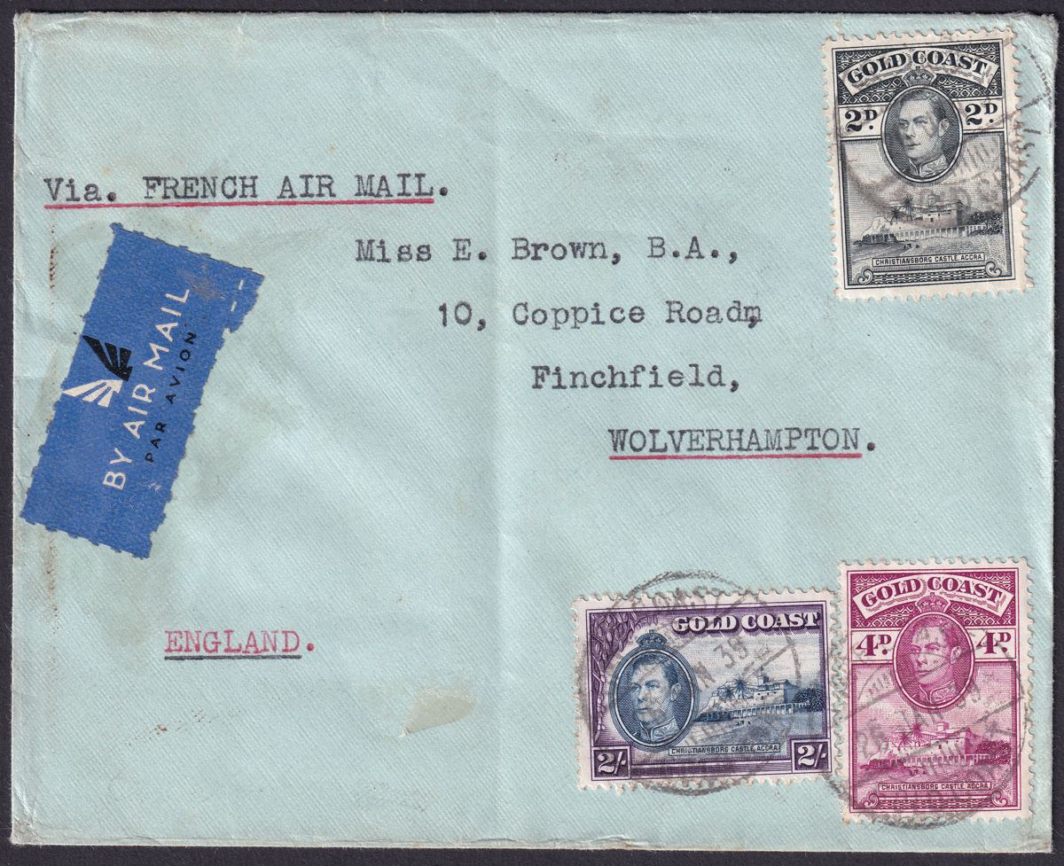 Gold Coast 1939 KGVI Christiansborg 2sh, 4d, 2d Used on Cover CAPE COAST to UK