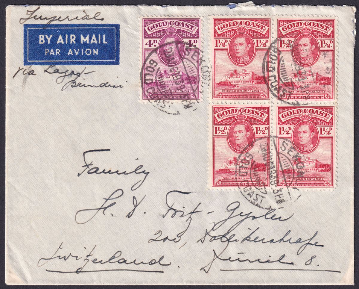 Gold Coast 1939 KGVI Christiansborg 4d, 1½d x4 Used Cover SEKONDI to Switzerland
