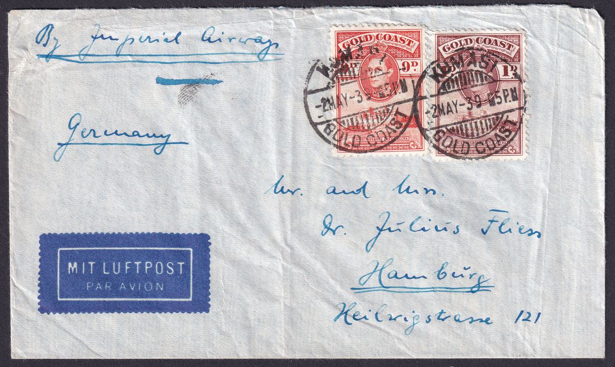 Gold Coast 1939 KGVI Christiansborg 9d, 1d Used Cover KUMASI to Hamburg, Germany