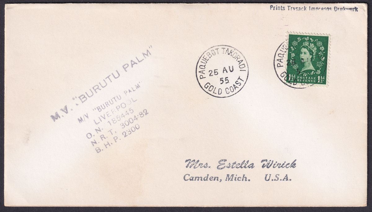 Gold Coast 1955 QEII GB 1½d MV "Burutu Palm" Cover - USA w PAQUEBOT TAKORADI Pmk