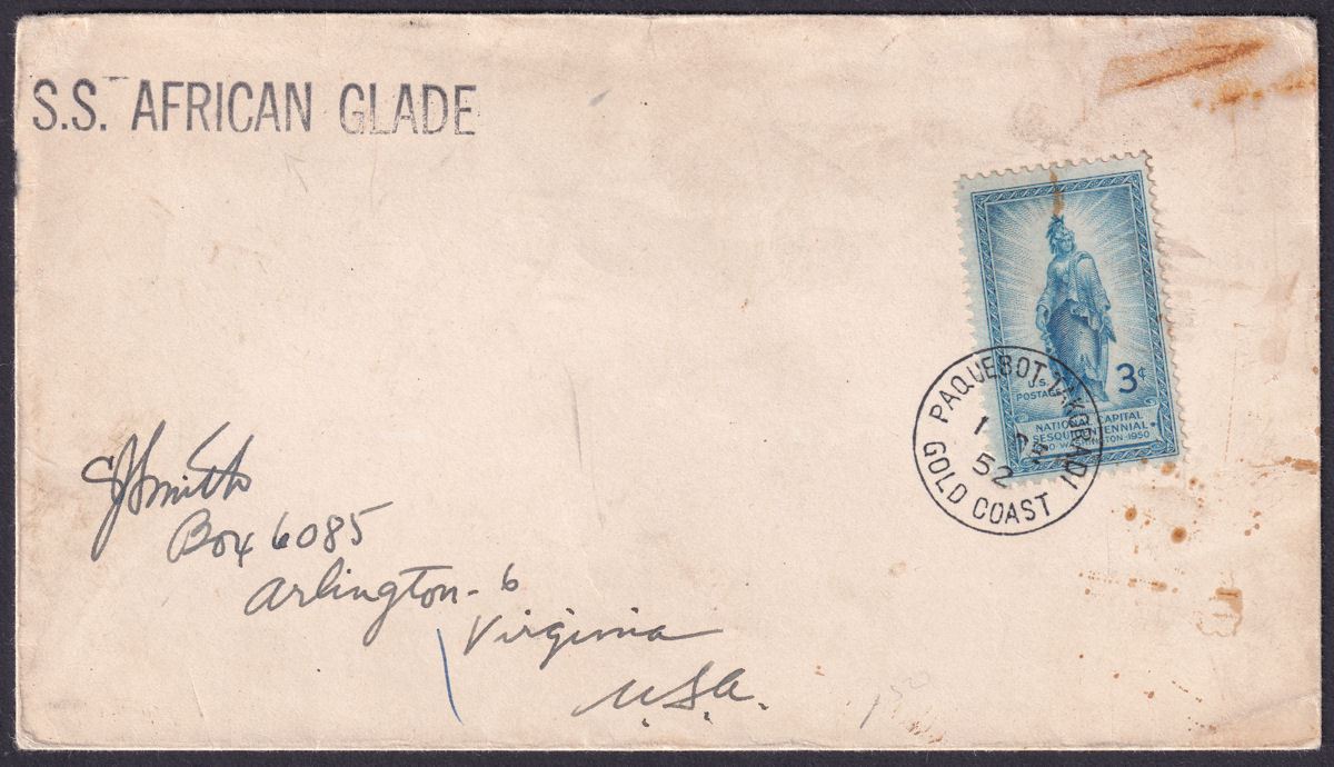 Gold Coast 1952 USA 3c Used on SS "African Glade" Cover w PAQUEBOT TAKORADI Pmk