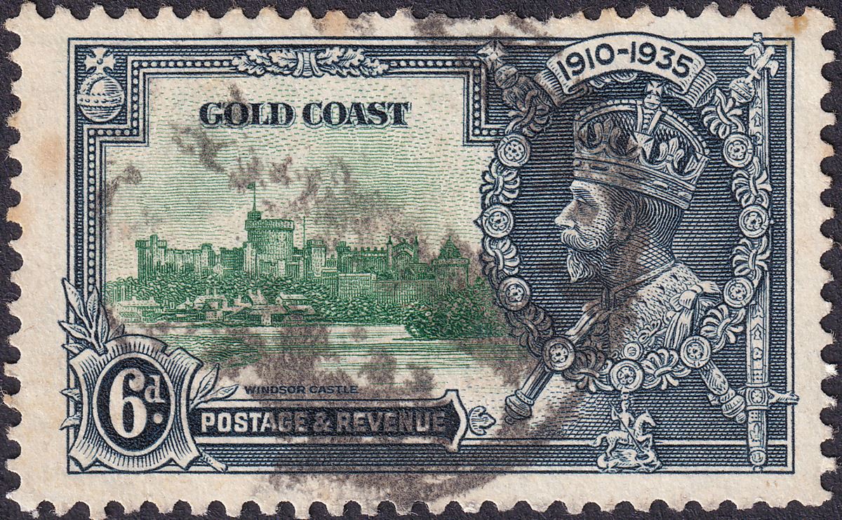 Gold Coast 1935 KGV Silver Jubilee 6d Variety Extra Flagstaff Used SG115a FAULTS