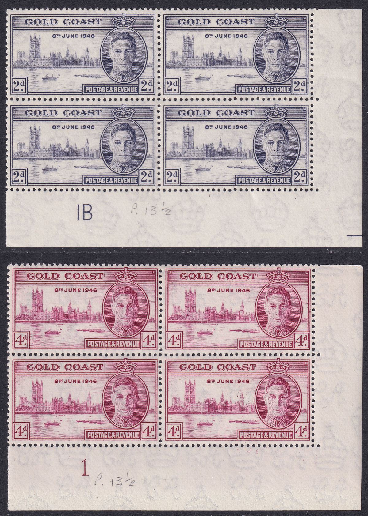 Gold Coast 1946 KGVI Victory 2d Plate 1B, 4d Plate 1 Blocks UM Mint SG133a-134a