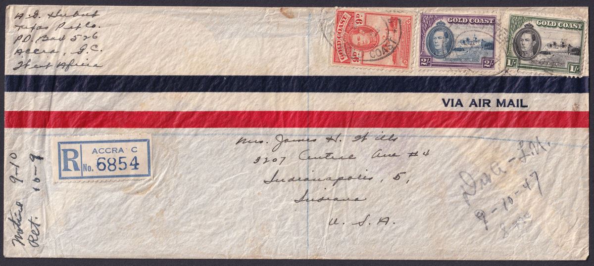 Gold Coast 1947 KGVI Christiansborg 2sh, 1sh, 9d Used on Registered Cover to USA