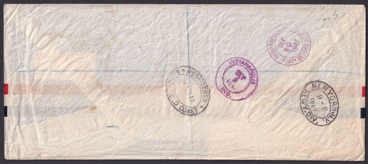 Gold Coast 1947 KGVI Christiansborg 2sh, 1sh, 9d Used on Registered Cover to USA