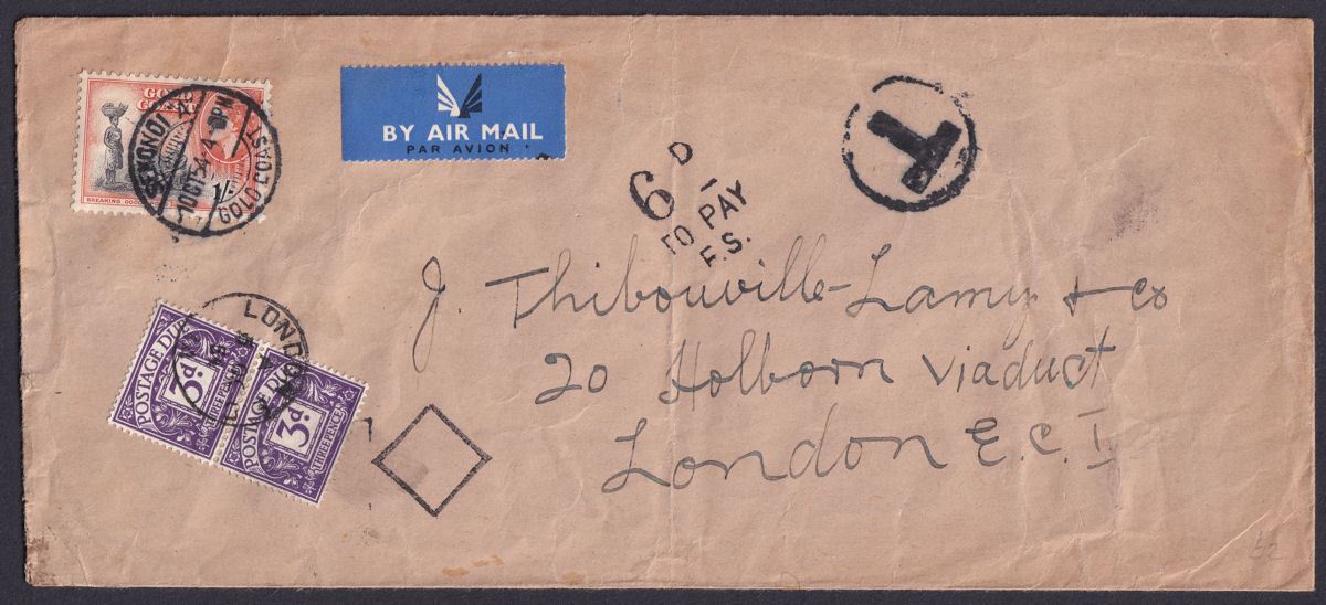 Gold Coast 1954 QEII 1sh Used on Airmail Cover to UK with GB Postage Due 3d x 2